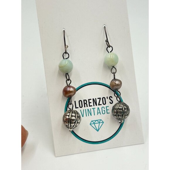 Vintage Earrings Stone Pearl & Sterling Silver Beads Dangling Beaded Earrings - Picture 3 of 5